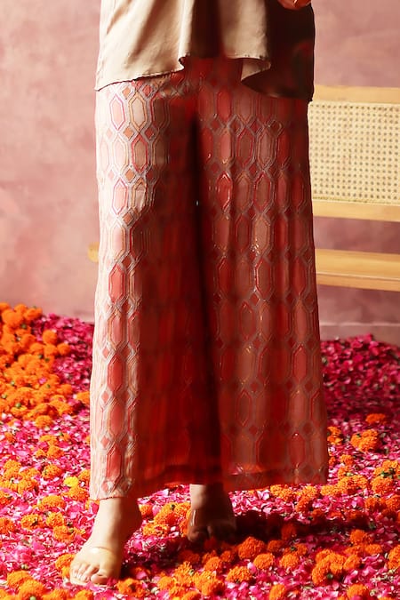 Begum Gold Satin, Georgette Sequins, Zari Round Neck Rene Top And Embroidered Pant Set Online at Aza Fashions Begum_Gold Satin, Georgette Sequins, Zari Round Neck Rene Top And Embroidered Pant Set_Online_at_Aza_Fashions