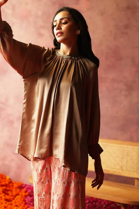 Shop Begum Gold Satin, Georgette Sequins, Zari Round Neck Rene Top And Embroidered Pant Set Online at Aza Fashions Shop_Begum_Gold Satin, Georgette Sequins, Zari Round Neck Rene Top And Embroidered Pant Set_Online_at_Aza_Fashions