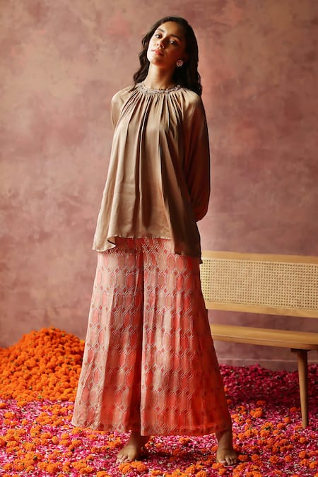 Buy Begum Gold Satin, Georgette Sequins, Zari Round Neck Rene Top And Embroidered Pant Set Buy_Begum_Gold Satin, Georgette Sequins, Zari Round Neck Rene Top And Embroidered Pant Set