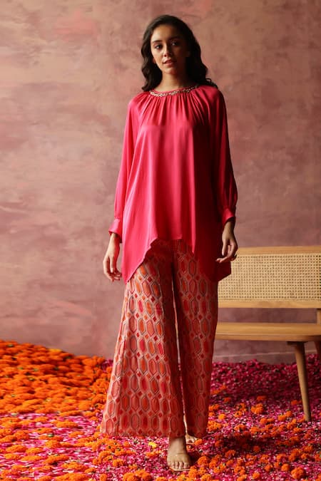 Begum Fuchsia Top Satin Embroidered Sequin Round Collar Rene And Pant Set 