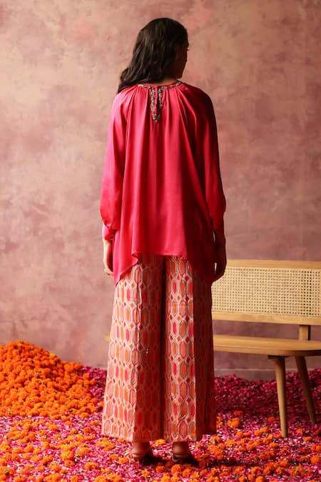 Shop Begum Fuchsia Satin, Georgette Sequins Round Neck Rene Top And Pant Set at Aza Fashions Shop_Begum_Fuchsia Satin, Georgette Sequins Round Neck Rene Top And Pant Set_at_Aza_Fashions