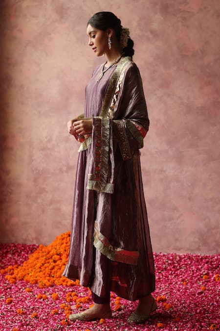 Begum_Purple Silk, Satin, Organza Sequins, Zaahra Embroidered Bell Sleeve Kurta Set _Online_at_Aza_Fashions