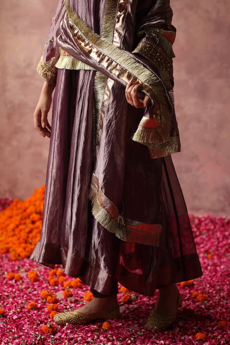 Buy_Begum_Purple Silk, Satin, Organza Sequins, Zaahra Embroidered Bell Sleeve Kurta Set _Online_at_Aza_Fashions