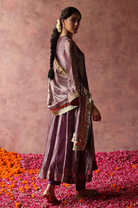 Shop_Begum_Purple Silk, Satin, Organza Sequins, Zaahra Embroidered Bell Sleeve Kurta Set _Online_at_Aza_Fashions