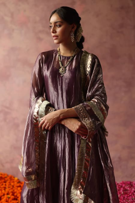 Begum_Purple Silk, Satin, Organza Sequins, Zaahra Embroidered Bell Sleeve Kurta Set _at_Aza_Fashions