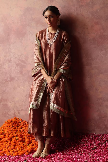 Begum_Rose Gold Silk, Satin, Organza Embroidery, Zaahra Bell Sleeve Kurta Set _Online_at_Aza_Fashions