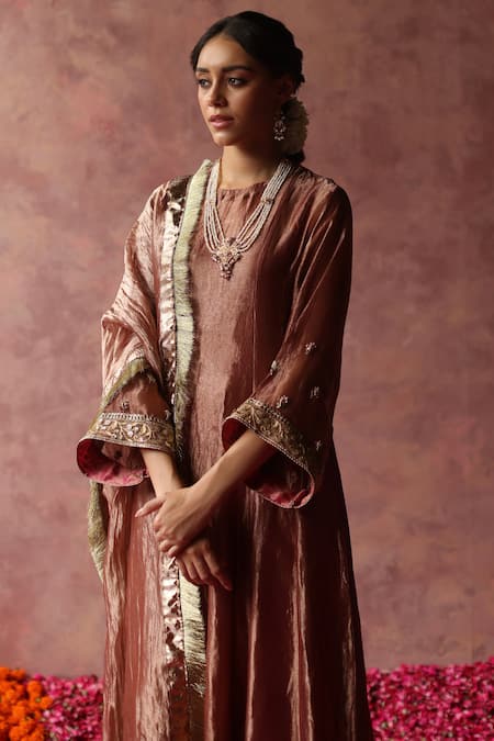 Begum_Rose Gold Silk, Satin, Organza Embroidery, Zaahra Bell Sleeve Kurta Set _at_Aza_Fashions