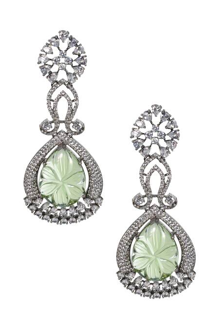 Shop Tizora White Faux Diamonds And Carved Stones Studded Earrings at Aza Fashions Shop_Tizora_White Faux Diamonds And Carved Stones Studded Earrings_at_Aza_Fashions
