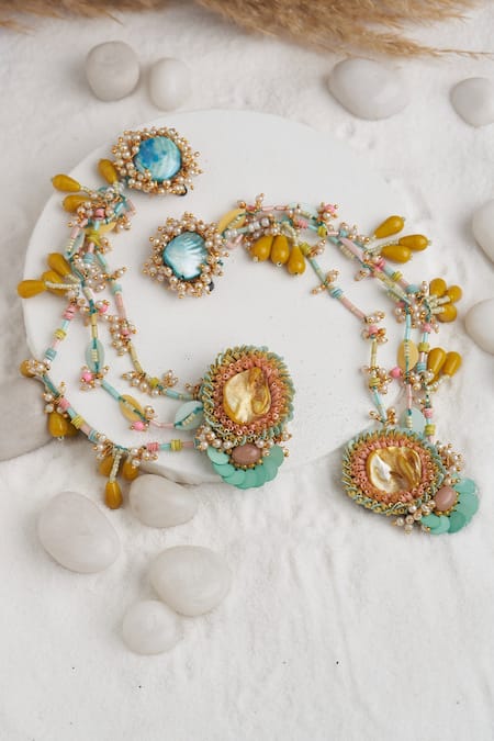 Shop Torque By Merge Multi Color Stones Work Earrings With Ear Chain at Aza Fashions Shop_Torque By Merge_Multi Color Stones Work Earrings With Ear Chain _at_Aza_Fashions