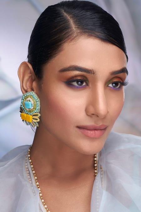 Torque By Merge Multi Color Stones, Embroidery And Thread Embellished Earrings 