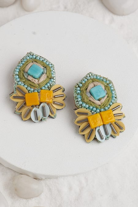 Shop Torque By Merge Multi Color Stones, Embroidery And Thread Embellished Earrings at Aza Fashions Shop_Torque By Merge_Multi Color Stones, Embroidery And Thread Embellished Earrings _at_Aza_Fashions