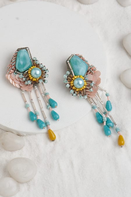 Shop Torque By Merge Multi Color Stones Tassel Drop Embellished Earrings at Aza Fashions Shop_Torque By Merge_Multi Color Stones Tassel Drop Embellished Earrings _at_Aza_Fashions