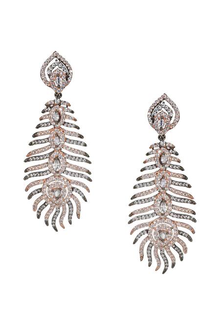 Shop Tizora Gold Plated Fabric Flowers, Diamonds Peacock Feather Studded Earrings at Aza Fashions Shop_Tizora_Gold Plated Fabric Flowers, Diamonds Peacock Feather Studded Earrings_at_Aza_Fashions