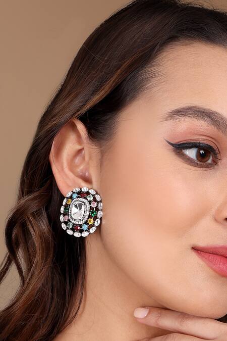 Tizora Multi Color Faux Diamonds Contrast Stone Embellished Stud Earrings 