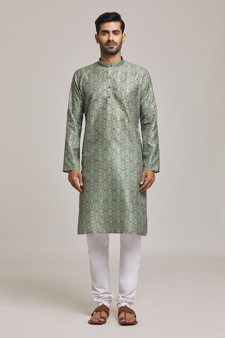 Buy_Arihant Rai Sinha_Green Viscose, Silk, Cotton Embroidery, Sequins Flower Print Kurta Set _Online_at_Aza_Fashions
