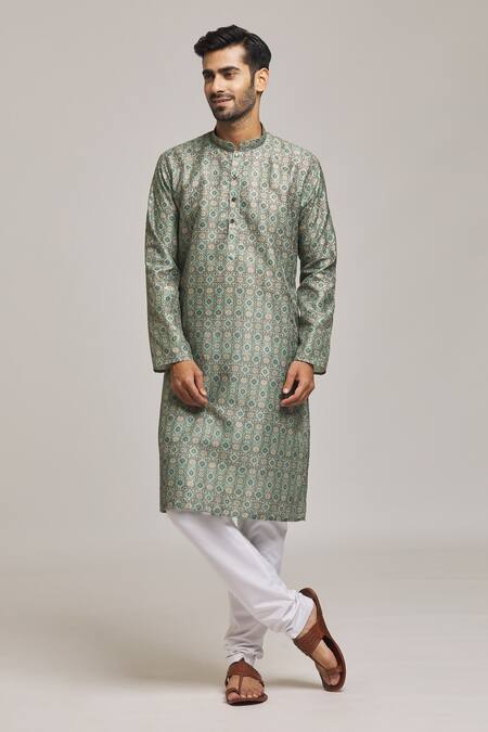 Shop_Arihant Rai Sinha_Green Viscose, Silk, Cotton Embroidery, Sequins Flower Print Kurta Set _Online_at_Aza_Fashions