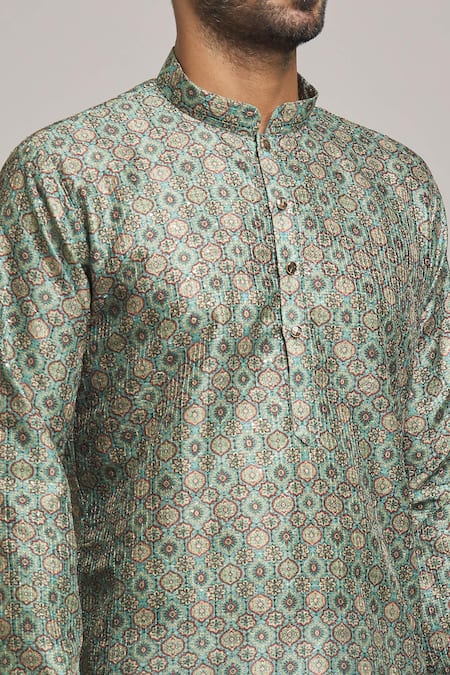 Arihant Rai Sinha_Green Viscose, Silk, Cotton Embroidery, Sequins Flower Print Kurta Set _at_Aza_Fashions