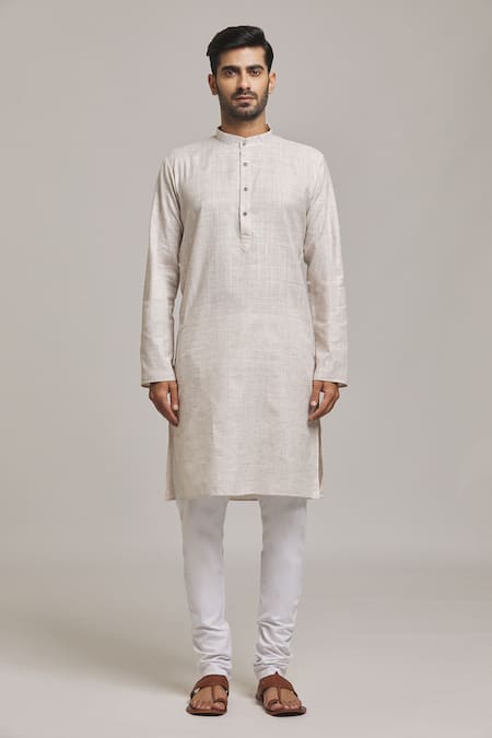 Buy_Arihant Rai Sinha_Grey Cotton, Linen Band Collar Plain Kurta Set _Online_at_Aza_Fashions