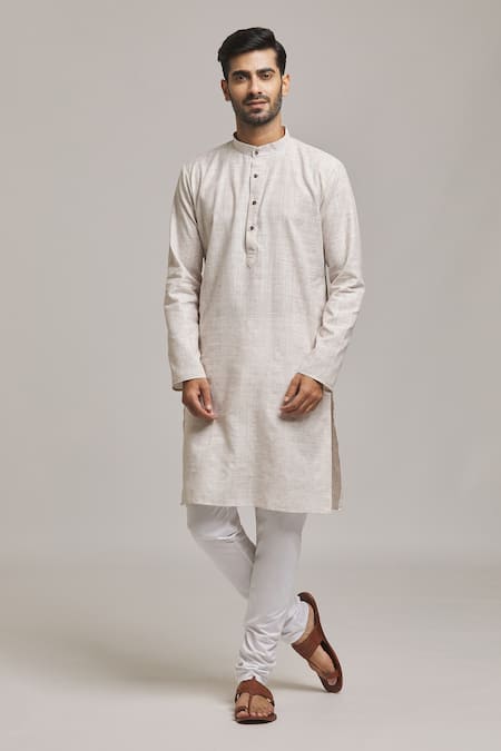 Shop_Arihant Rai Sinha_Grey Cotton, Linen Band Collar Plain Kurta Set _Online_at_Aza_Fashions