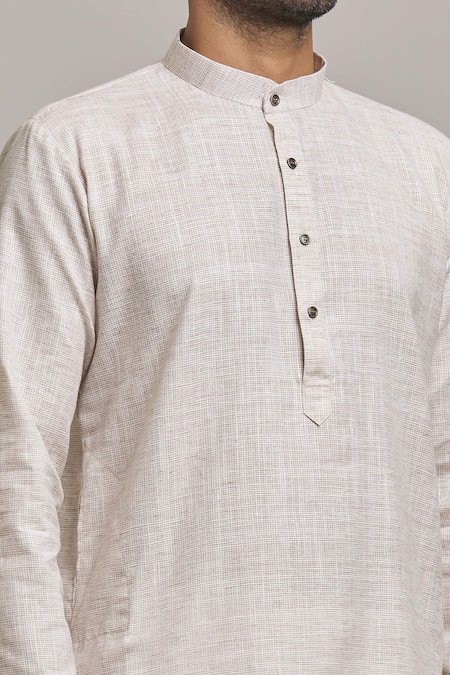 Arihant Rai Sinha_Grey Cotton, Linen Band Collar Plain Kurta Set _at_Aza_Fashions