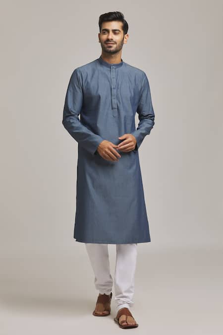 Arihant Rai Sinha Blue 100% Cotton Pinstripe Pattern Band Collar Kurta 