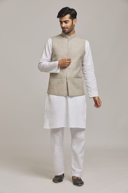 Arihant Rai Sinha Brown Linen Blend Textured Checkered Pattern Bundi 