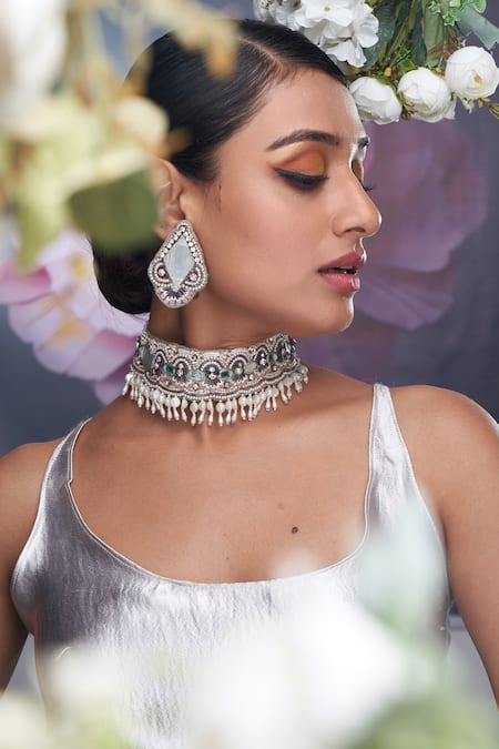 Torque By Merge Multi Color Mirrors, Beads Embellished Choker And Earrings Set