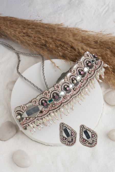 Shop Torque By Merge Multi Color Mirrors, Beads Embellished Choker And Earrings Set at Aza Fashions Shop_Torque By Merge_Multi Color Mirrors, Beads Embellished Choker And Earrings Set _at_Aza_Fashions