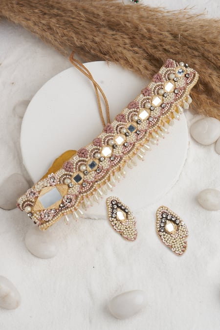 Shop Torque By Merge Multi Color Mirrors, Pearls, Stones Embellished Choker Set at Aza Fashions Shop_Torque By Merge_Multi Color Mirrors, Pearls, Stones Embellished Choker Set _at_Aza_Fashions