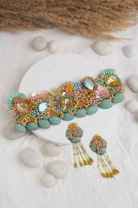 Shop Torque By Merge Multi Color Stones, Beads Shell Embellished Choker And Earrings Set at Aza Fashions Shop_Torque By Merge_Multi Color Stones, Beads Shell Embellished Choker And Earrings Set _at_Aza_Fashions