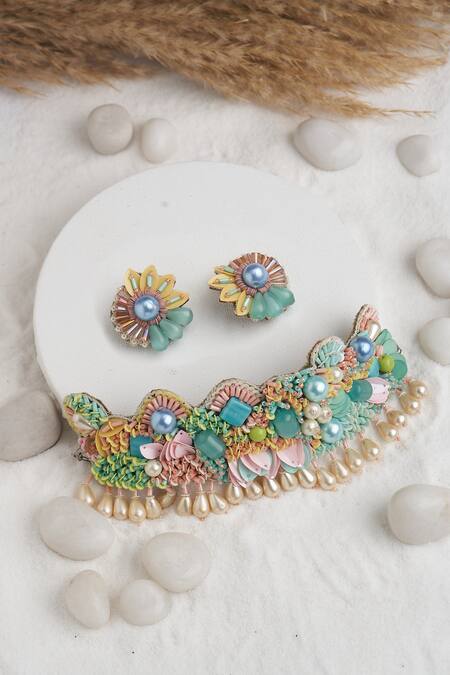 Shop Torque By Merge Multi Color Stones Embellished Choker And Stud Earrings Set at Aza Fashions Shop_Torque By Merge_Multi Color Stones Embellished Choker And Stud Earrings Set _at_Aza_Fashions