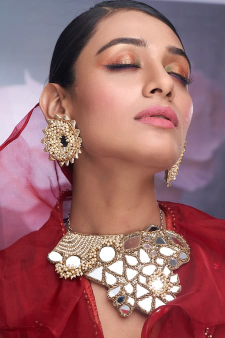 Torque By Merge Multi Color Pearls, Stones Mirror Embellished Choker Set