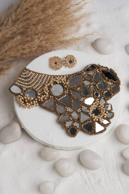 Shop Torque By Merge Multi Color Pearls, Stones Mirror Embellished Choker Set at Aza Fashions Shop_Torque By Merge_Multi Color Pearls, Stones Mirror Embellished Choker Set _at_Aza_Fashions