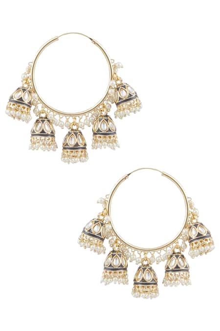 Shop Moh-Maya By Disha Khatri Gold Plated Imitation Diamonds Kundan Studded Hoop Jhumkas at Aza Fashions Shop_Moh-Maya By Disha Khatri_Gold Plated Imitation Diamonds Kundan Studded Hoop Jhumkas _at_Aza_Fashions