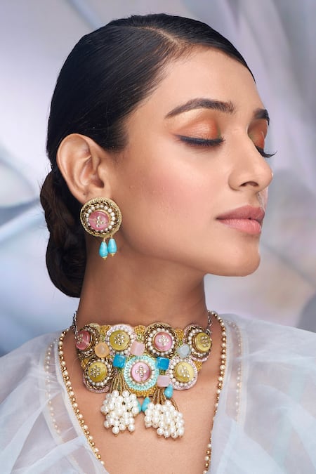 Torque By Merge Multi Color Sequins, Stones And Embellished Choker Set