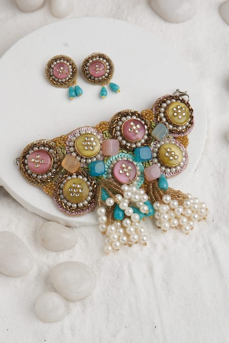 Shop Torque By Merge Multi Color Sequins, Stones And Embellished Choker Set at Aza Fashions Shop_Torque By Merge_Multi Color Sequins, Stones And Embellished Choker Set _at_Aza_Fashions