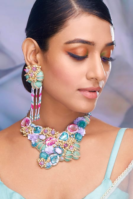 Torque By Merge Multi Color Sequins, Stones Embellished Choker Set 