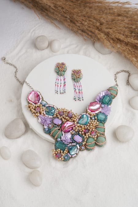 Shop Torque By Merge Multi Color Sequins, Stones Embellished Choker Set at Aza Fashions Shop_Torque By Merge_Multi Color Sequins, Stones Embellished Choker Set _at_Aza_Fashions