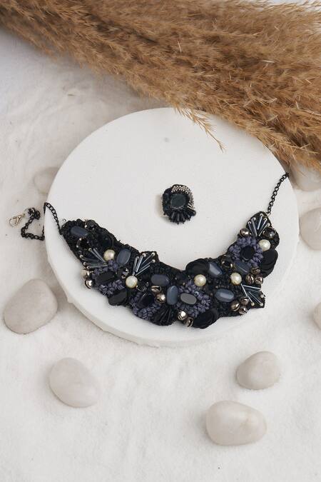 Shop Torque By Merge Black Stone And Bead Embellished Choker at Aza Fashions Shop_Torque By Merge_Black Stone And Bead Embellished Choker _at_Aza_Fashions