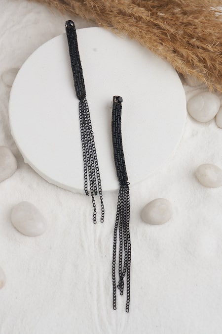 Shop Torque By Merge Black Sequins, Beads, Stones Embellished Tassel Earrings at Aza Fashions Shop_Torque By Merge_Black Sequins, Beads, Stones Embellished Tassel Earrings _at_Aza_Fashions