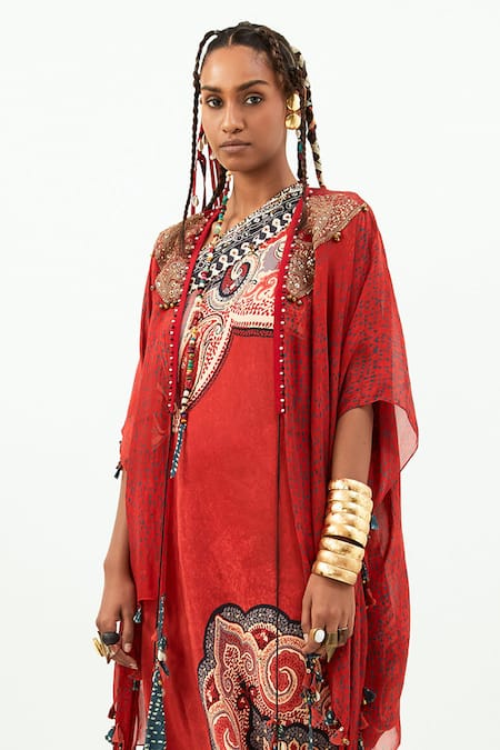 Aseem Kapoor Red Silk, Crepe Tassels, Beads One Shoulder, Open Ambi Print Dress With Jacket Online at Aza Fashions Aseem Kapoor_Red Silk, Crepe Tassels, Beads One Shoulder, Open Ambi Print Dress With Jacket _Online_at_Aza_Fashions