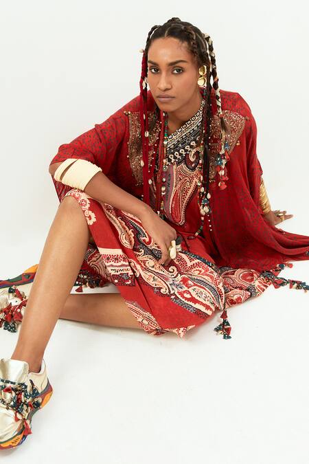 Buy Aseem Kapoor Red Silk, Crepe Tassels, Beads One Shoulder, Open Ambi Print Dress With Jacket Online at Aza Fashions Buy_Aseem Kapoor_Red Silk, Crepe Tassels, Beads One Shoulder, Open Ambi Print Dress With Jacket _Online_at_Aza_Fashions