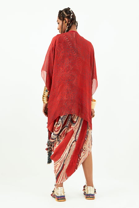 Shop Aseem Kapoor Red Silk, Crepe Tassels, Beads One Shoulder, Open Ambi Print Dress With Jacket at Aza Fashions Shop_Aseem Kapoor_Red Silk, Crepe Tassels, Beads One Shoulder, Open Ambi Print Dress With Jacket _at_Aza_Fashions