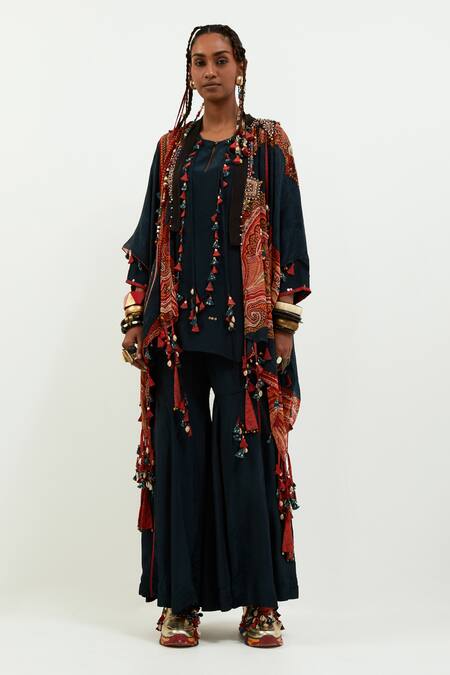 Aseem Kapoor Blue Silk, Crepe Tassels Open Neck Veni Embroidered Jacket Online at Aza Fashions Aseem Kapoor_Blue Silk, Crepe Tassels Open Neck Veni Embroidered Jacket_Online_at_Aza_Fashions