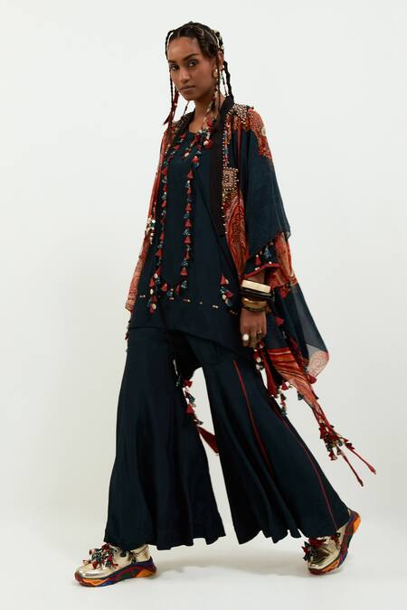 Shop Aseem Kapoor Blue Silk, Crepe Tassels Open Neck Veni Embroidered Jacket Online at Aza Fashions Shop_Aseem Kapoor_Blue Silk, Crepe Tassels Open Neck Veni Embroidered Jacket_Online_at_Aza_Fashions