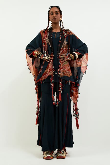 Aseem Kapoor Blue Silk, Crepe Tassels Open Neck Veni Embroidered Jacket at Aza Fashions Aseem Kapoor_Blue Silk, Crepe Tassels Open Neck Veni Embroidered Jacket_at_Aza_Fashions