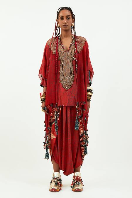 Aseem Kapoor Red Silk Tassels, Embroidery Open Neck Veni Jacket Online at Aza Fashions Aseem Kapoor_Red Silk Tassels, Embroidery Open Neck Veni Jacket_Online_at_Aza_Fashions