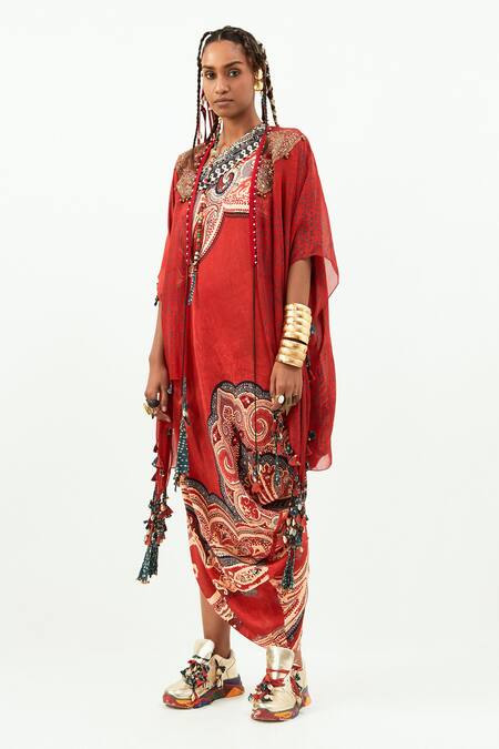 Shop Aseem Kapoor Red Silk Tassels, Embroidery Open Neck Veni Jacket Online at Aza Fashions Shop_Aseem Kapoor_Red Silk Tassels, Embroidery Open Neck Veni Jacket_Online_at_Aza_Fashions