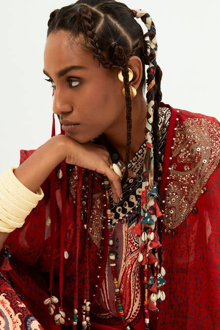 Aseem Kapoor Red Silk Tassels, Embroidery Open Neck Veni Jacket at Aza Fashions Aseem Kapoor_Red Silk Tassels, Embroidery Open Neck Veni Jacket_at_Aza_Fashions