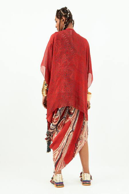 Shop Aseem Kapoor Red Silk Tassels, Embroidery Open Neck Veni Jacket at Aza Fashions Shop_Aseem Kapoor_Red Silk Tassels, Embroidery Open Neck Veni Jacket_at_Aza_Fashions